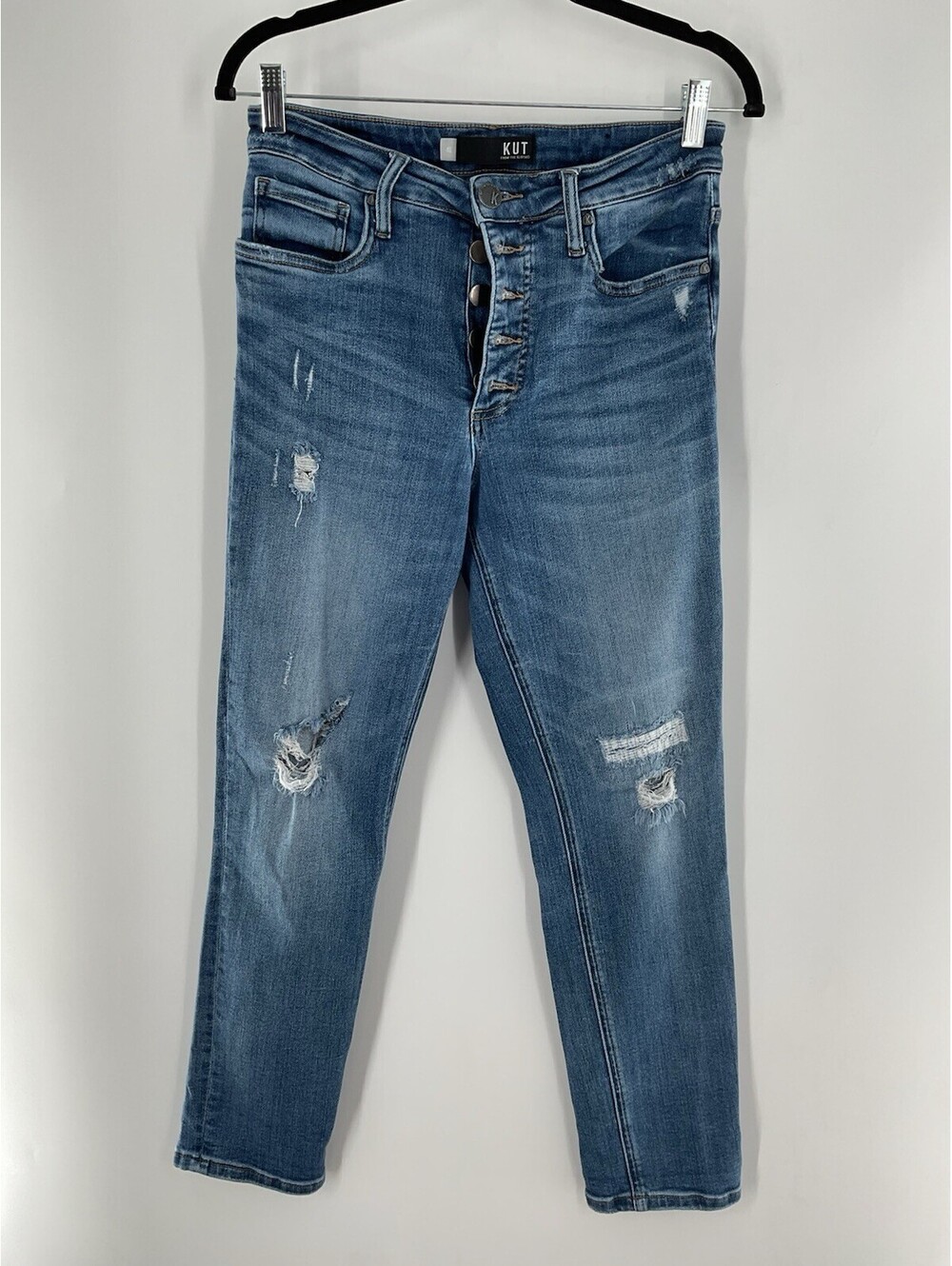 Kut From The Kloth Women’s Size 4 Long Distressed Jeans Button Fly Blue 142